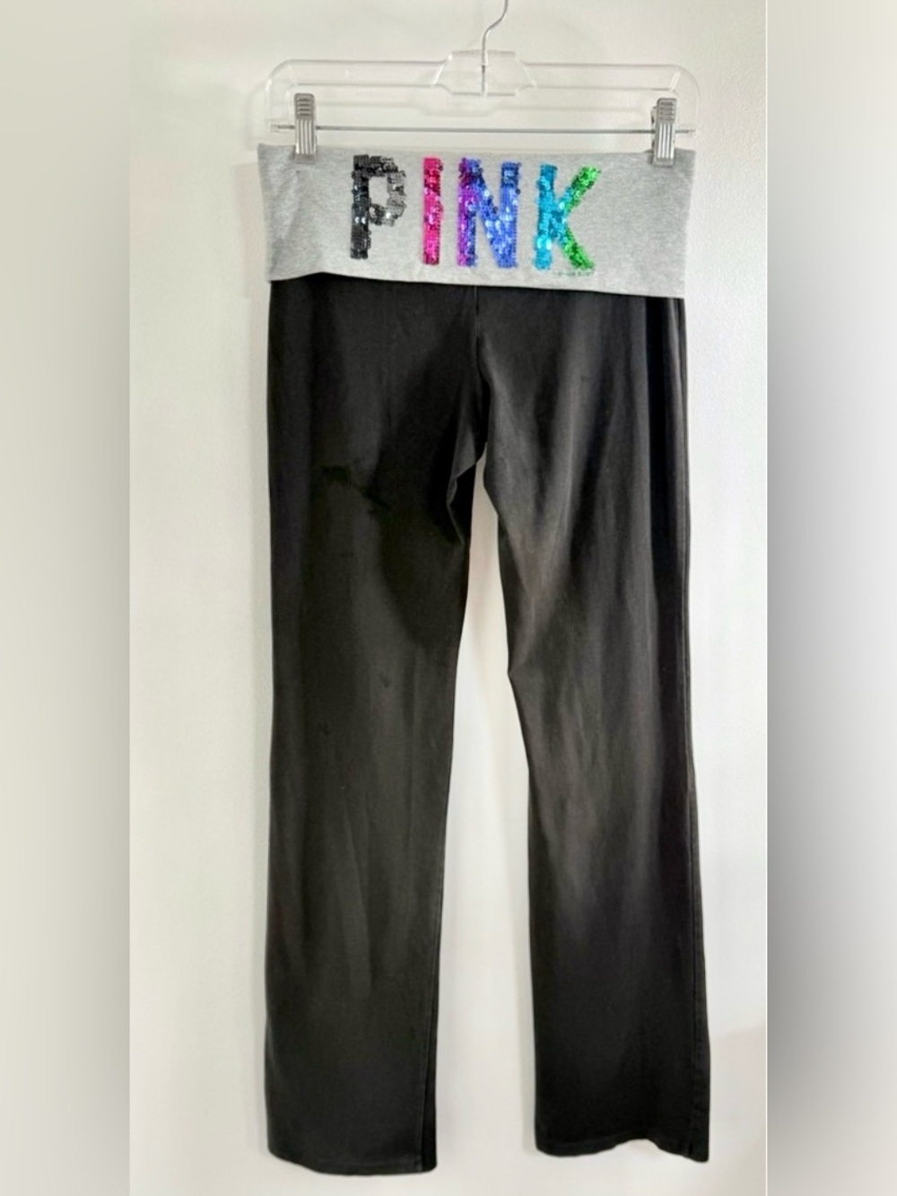 Y2K PINK Victoria's Secret Fold-Over Waist Yoga Pants Size Small - Sequin Logo